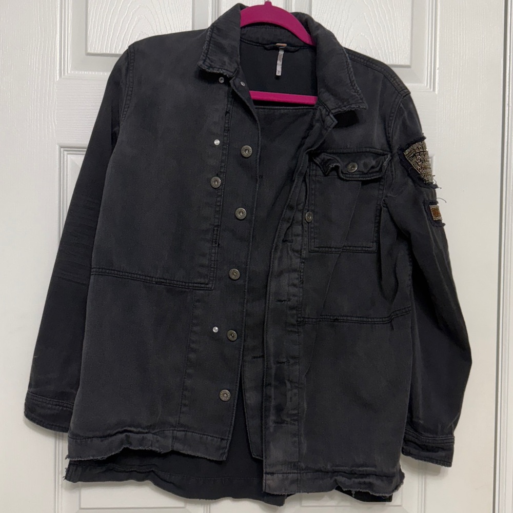 Free People Black Denim Jacket with Patch